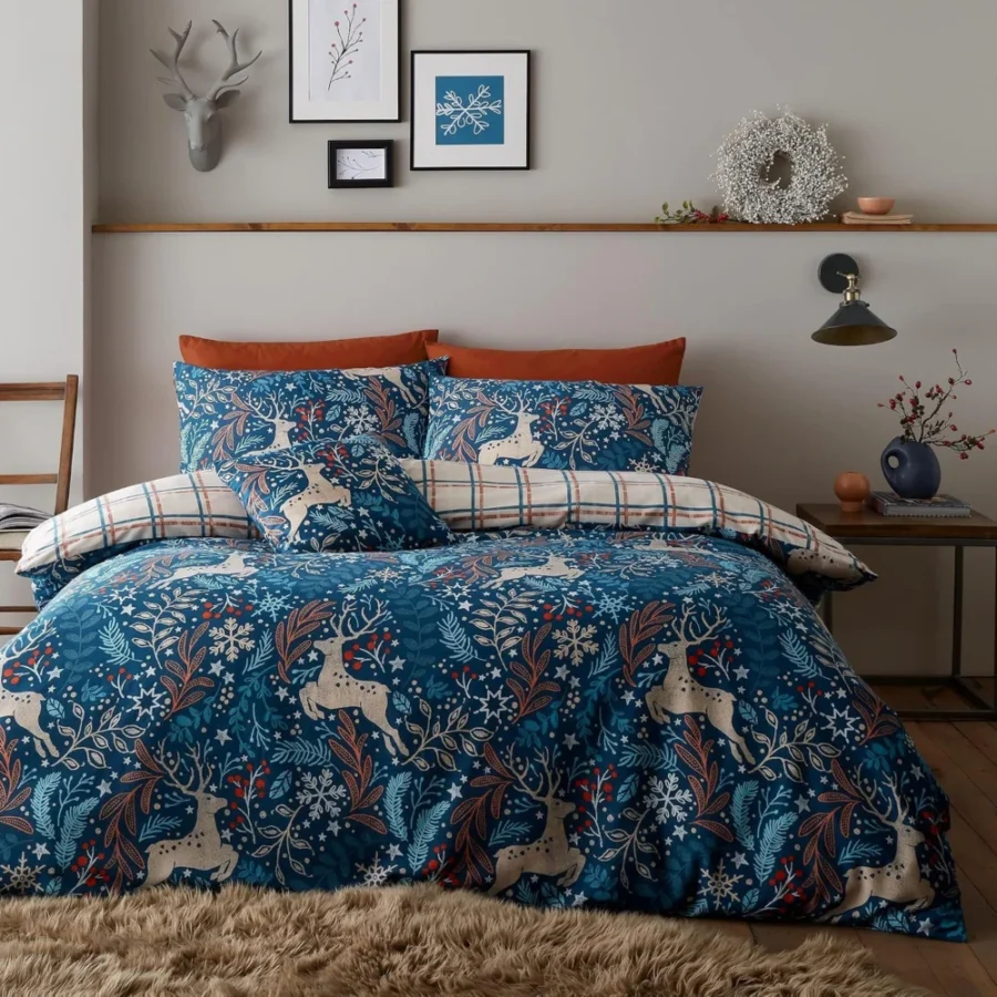Blue winter stags reversible double duvet cover set