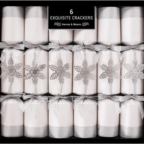Box of 6 silver snowflake Christmas crackers, 34 cm, satin ribbon