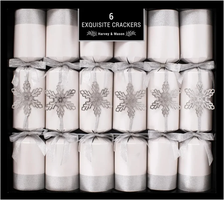 Box of 6 silver snowflake Christmas crackers, 34 cm, satin ribbon