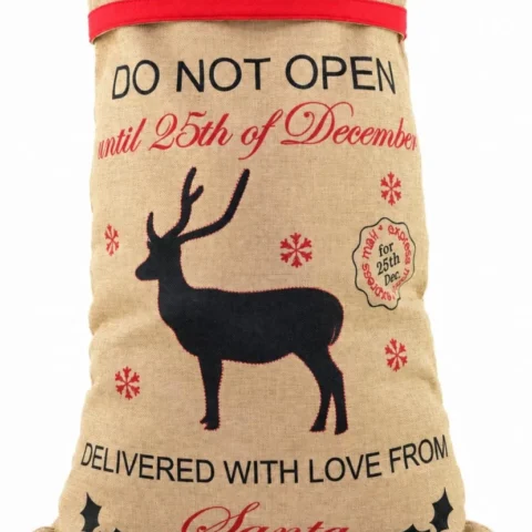 Brown hessian Santa sack with reindeer print and message, 70 x 50 cm