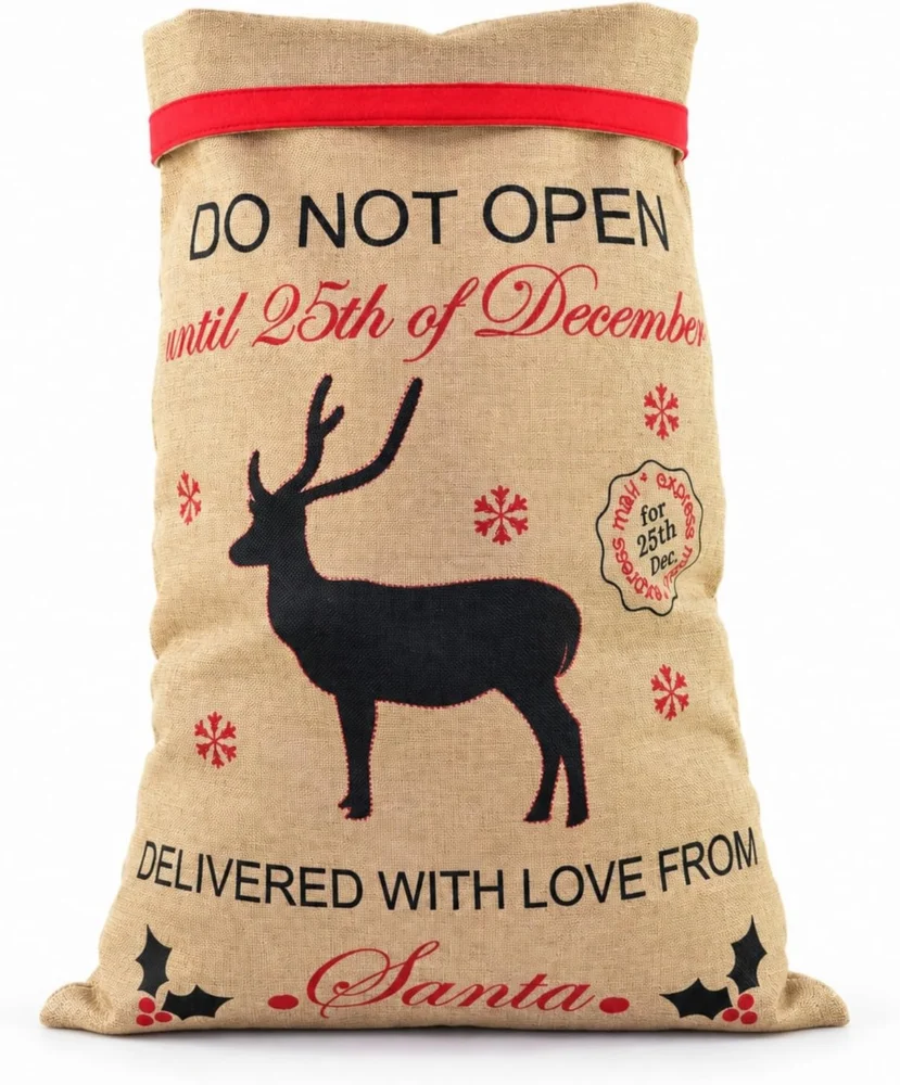 Brown hessian Santa sack with reindeer print and message, 70 x 50 cm