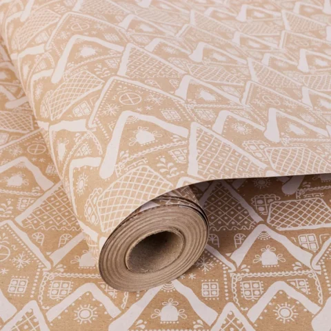 Brown kraft wrapping paper roll with white Christmas houses, 15 m