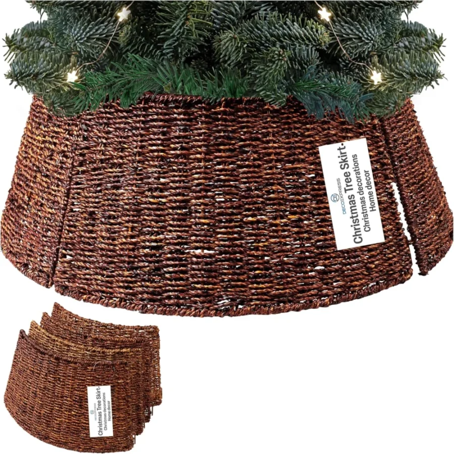 Brown woven tree skirt collar, 51 cm top, 66 cm base, 25 cm high