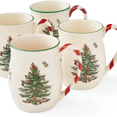 Ceramic Christmas tree mugs with peppermint handles, pack of 4