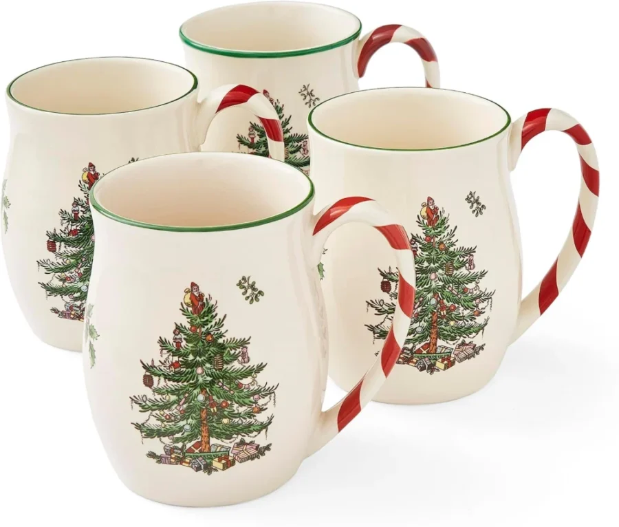 Ceramic Christmas tree mugs with peppermint handles, pack of 4