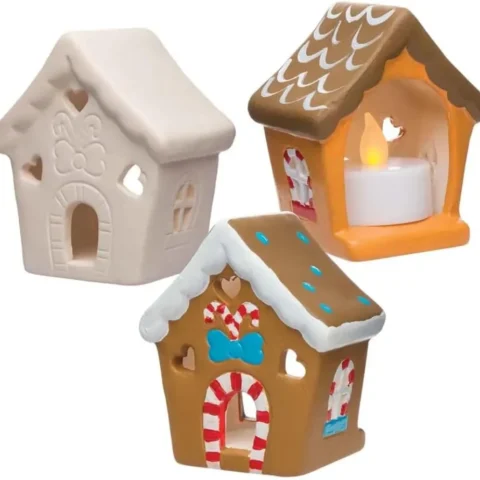Ceramic gingerbread house tealight holders to paint, box of 3
