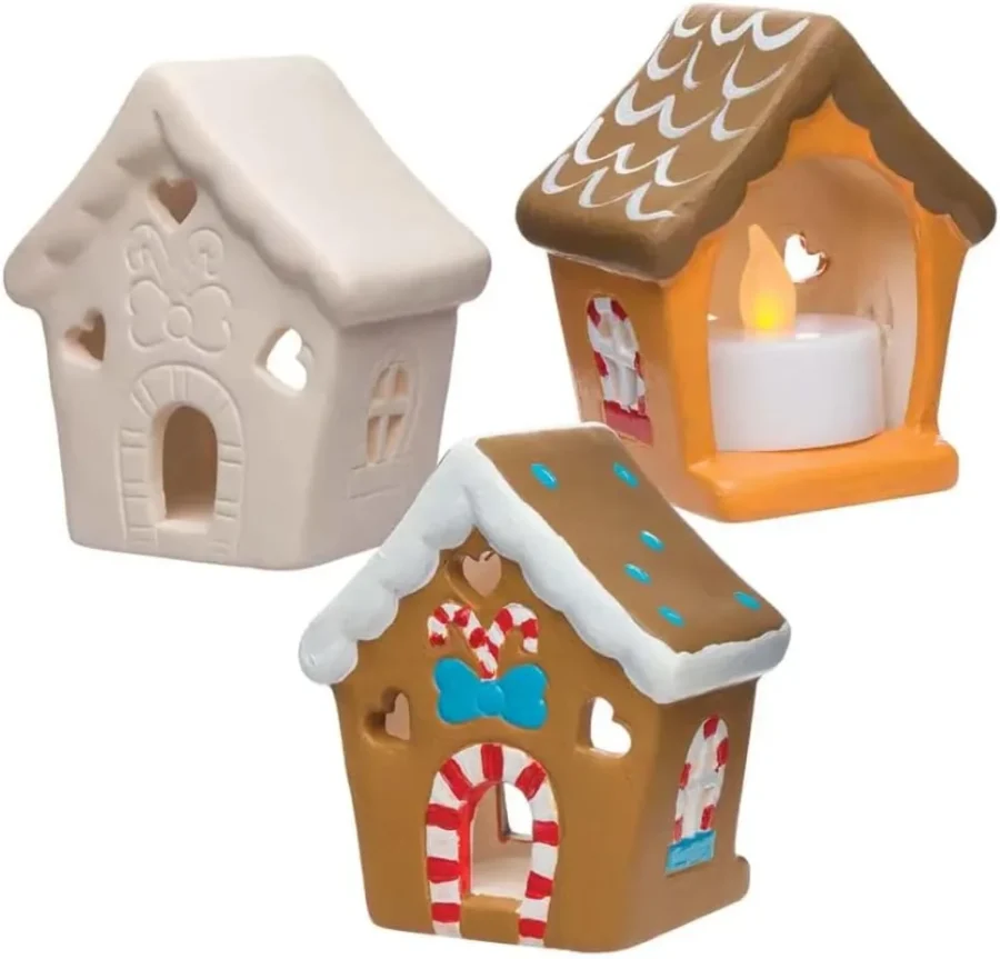 Ceramic gingerbread house tealight holders to paint, box of 3