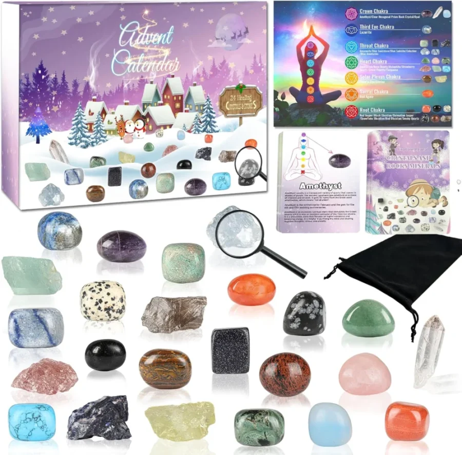 Chakra crystal advent calendar, 24 stones with cards and pouch