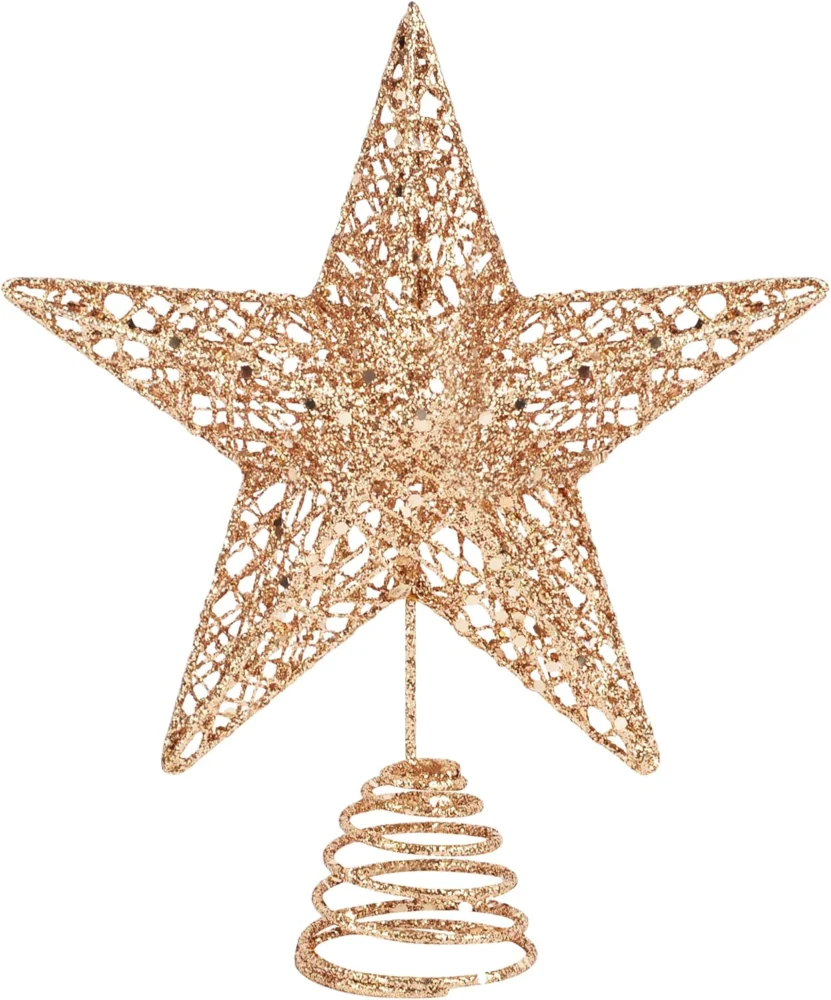 Champagne glitter metal star tree topper, 25 cm, spiral cone base