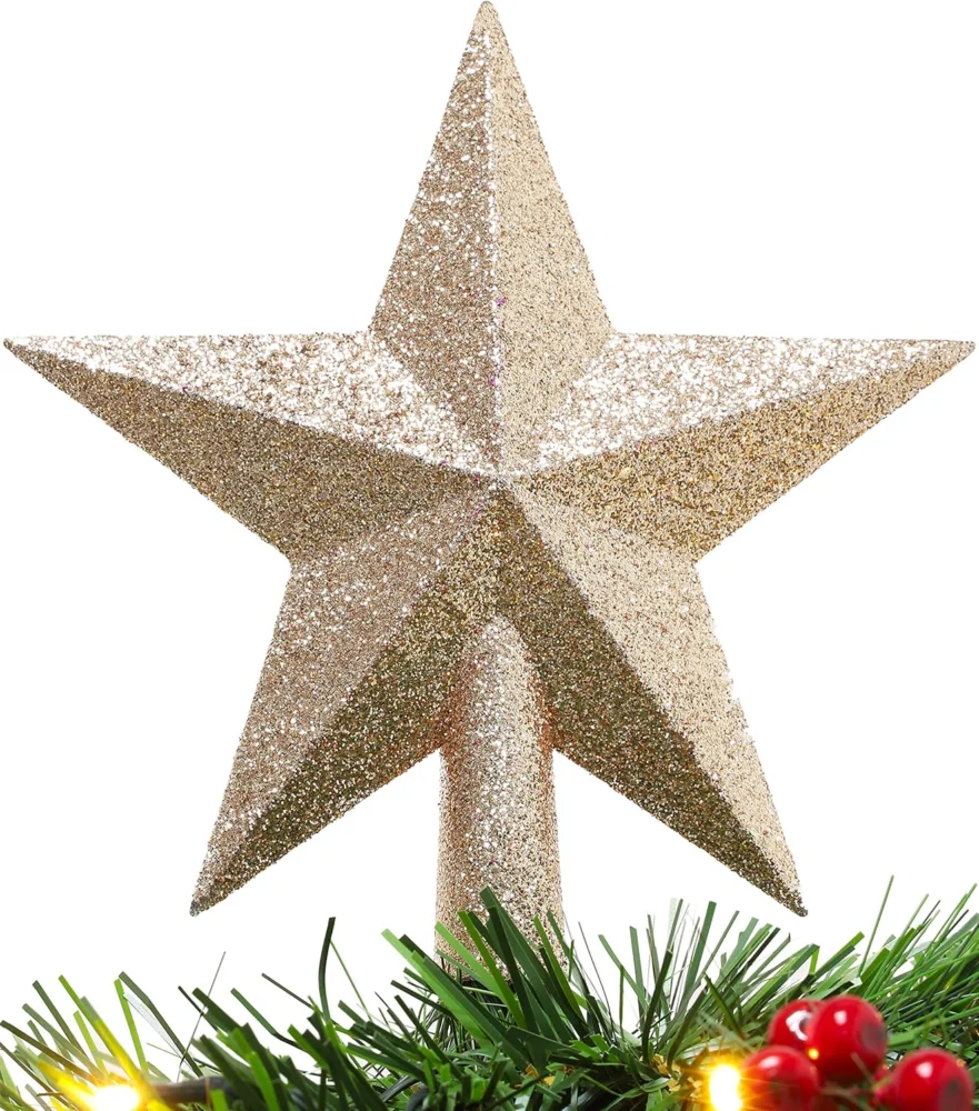 Champagne glitter star tree topper, 20 cm, with storage box