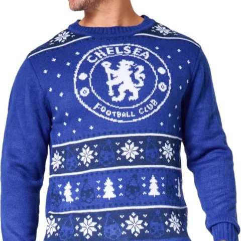 Chelsea FC Christmas jumper for men and teenagers, sizes M to 3XL