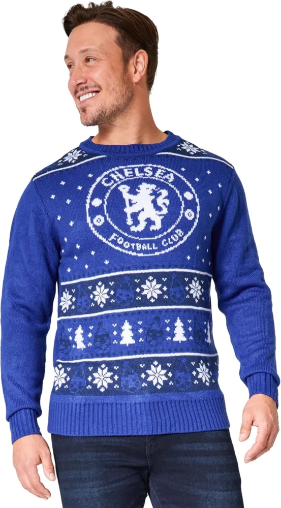 Chelsea FC Christmas jumper for men and teenagers, sizes M to 3XL