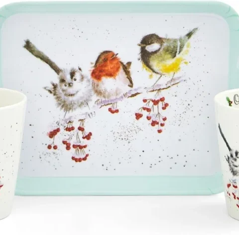 Christmas birds mug and tray set, two 180 ml mugs, melamine tray