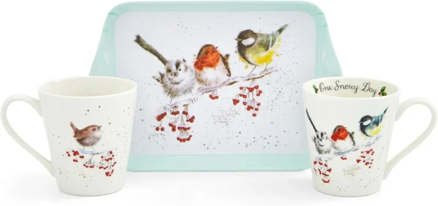 Christmas birds mug and tray set, two 180 ml mugs, melamine tray