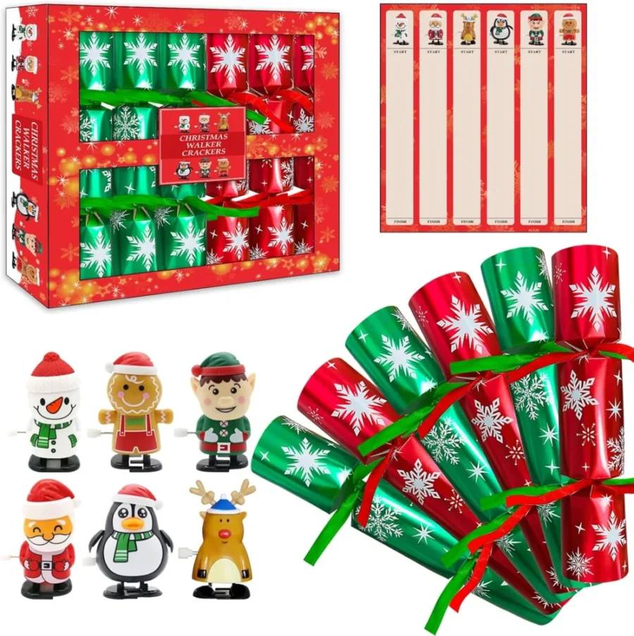 Christmas crackers with wind-up toys and racing card, set of 6