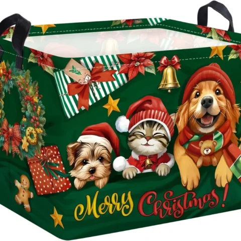 Christmas Eve toy basket with dogs and cats in Santa hats, 36 litres