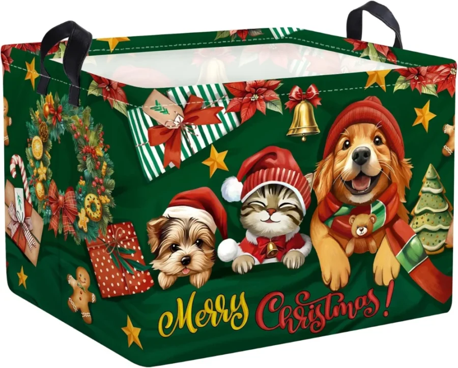 Christmas Eve toy basket with dogs and cats in Santa hats, 36 litres