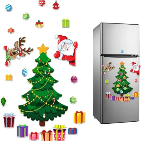 Christmas magnet stickers with tree, Santa, reindeer and gift box