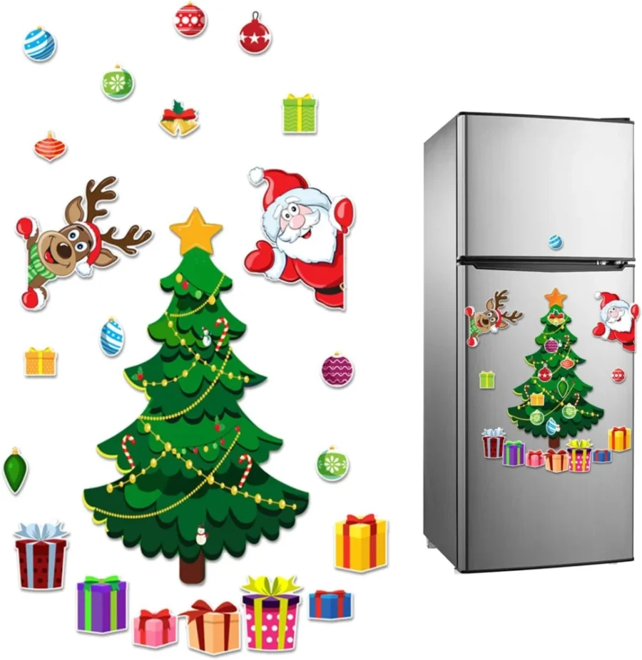 Christmas magnet stickers with tree, Santa, reindeer and gift box