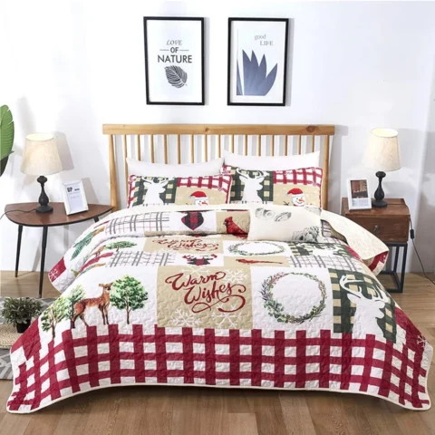 Christmas tree and deer quilted bedspread, 220 x 240 cm, 3 pieces