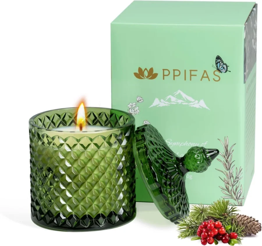 Christmas tree scented soy wax candle in an embossed glass jar