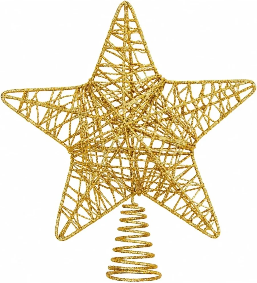 Classic gold glitter star tree topper, hollow design, 25 cm