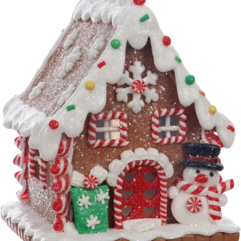 Clay gingerbread house with snowman, LED windows and timer