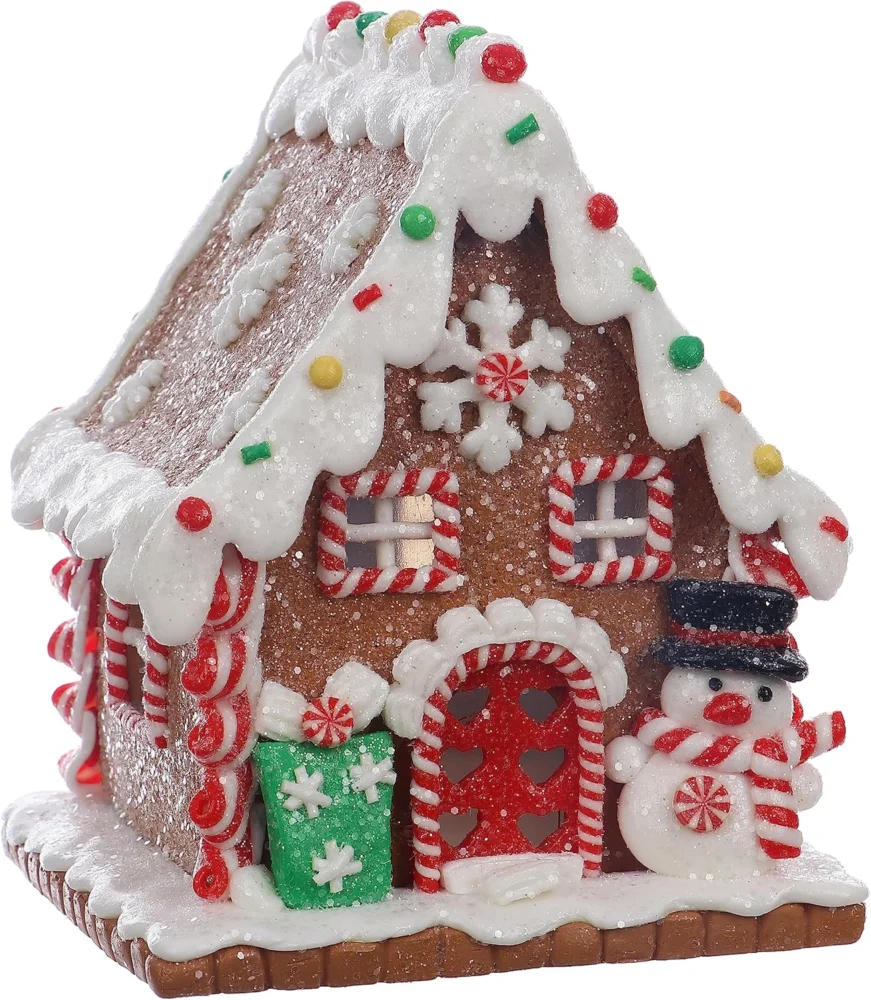 Clay gingerbread house with snowman, LED windows and timer