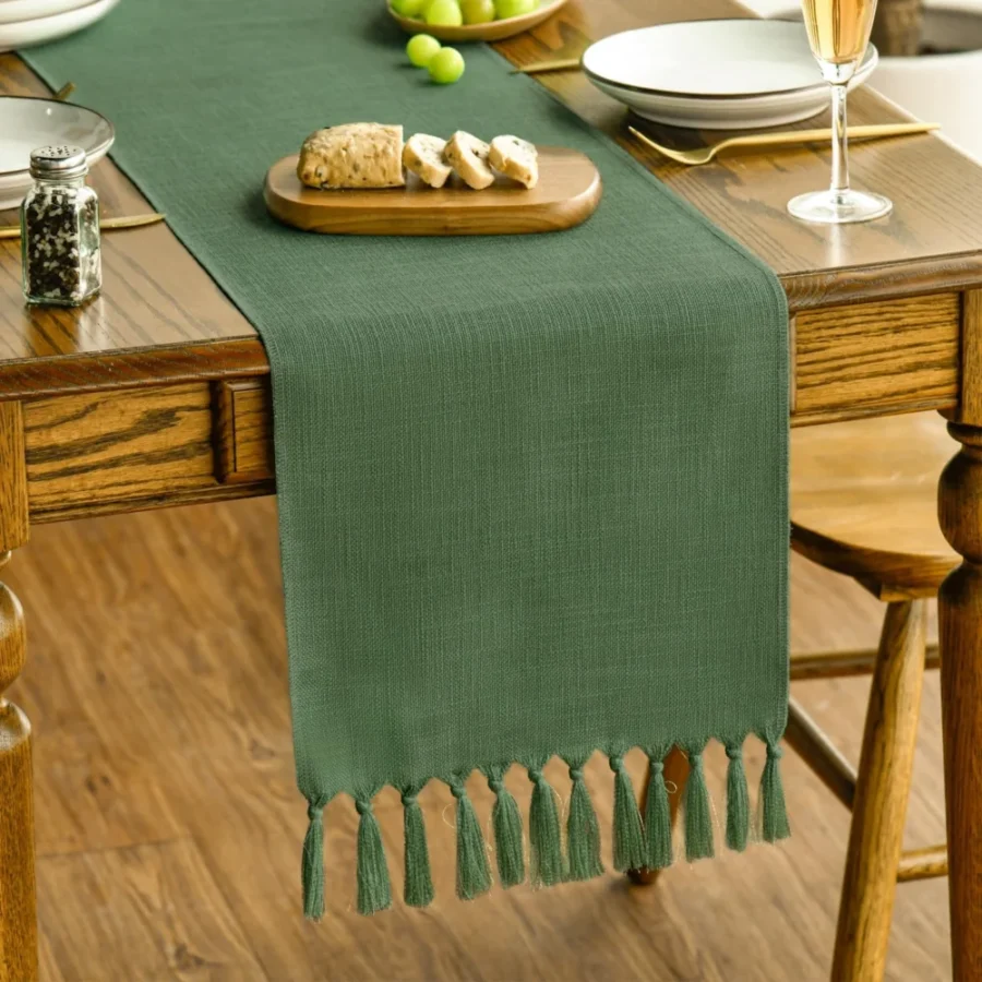 Dark green boho Christmas table runner with tassels, 33 x 143 cm