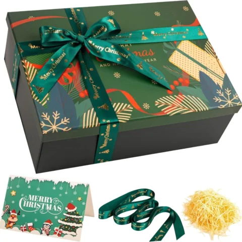 Dark green Christmas Eve box with lid, ribbon, card and raffia, 29 cm
