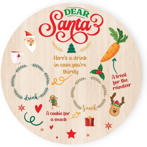Dear Santa Christmas Eve treats plate, round wood board, 25 cm