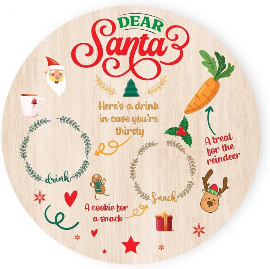 Dear Santa Christmas Eve treats plate, round wood board, 25 cm