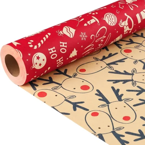 Double-sided elk Christmas wrapping paper roll, 43 cm x 10 m