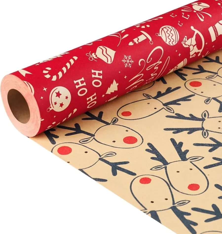 Double-sided elk Christmas wrapping paper roll, 43 cm x 10 m