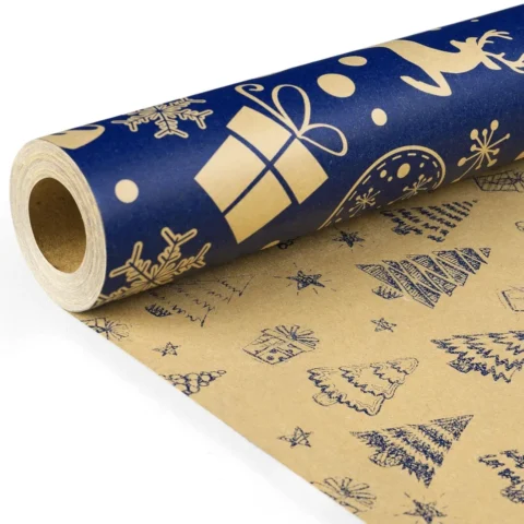 Double-sided kraft Christmas wrapping paper roll, 43 cm x 10 m, blue