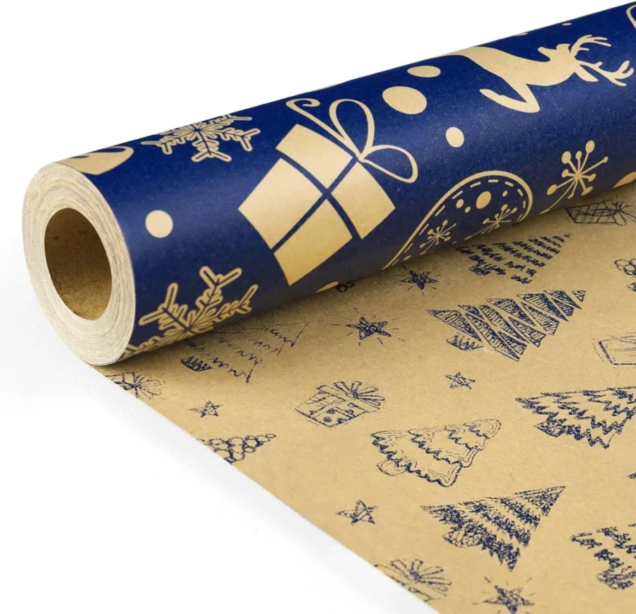 Double-sided kraft Christmas wrapping paper roll, 43 cm x 10 m, blue