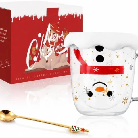 Double-wall glass Christmas mug with snowman print, 9 x 11 cm
