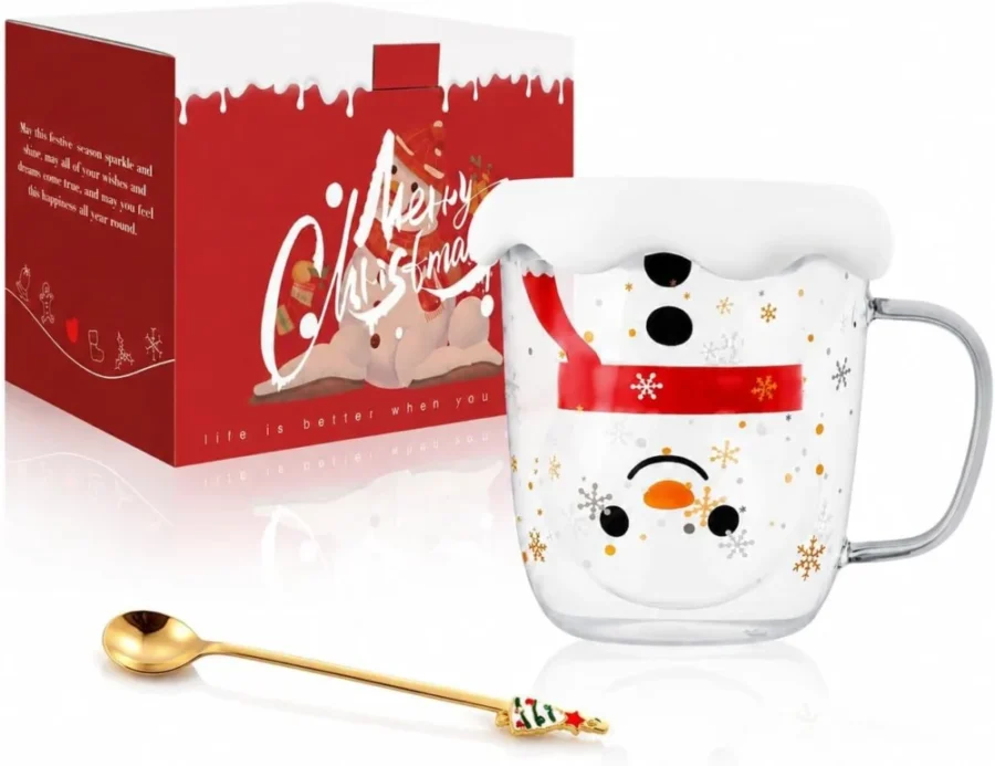 Double-wall glass Christmas mug with snowman print, 9 x 11 cm