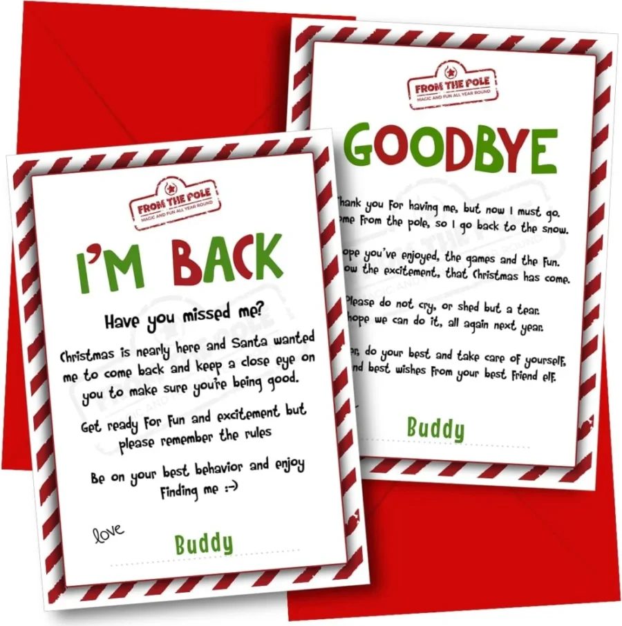 Elf arrival and goodbye cards, set of 2, blank inside, with envelopes