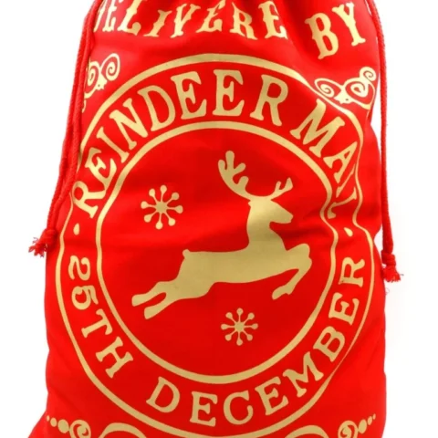 Extra large red Santa sack with reindeer post design, 99 x 70 cm