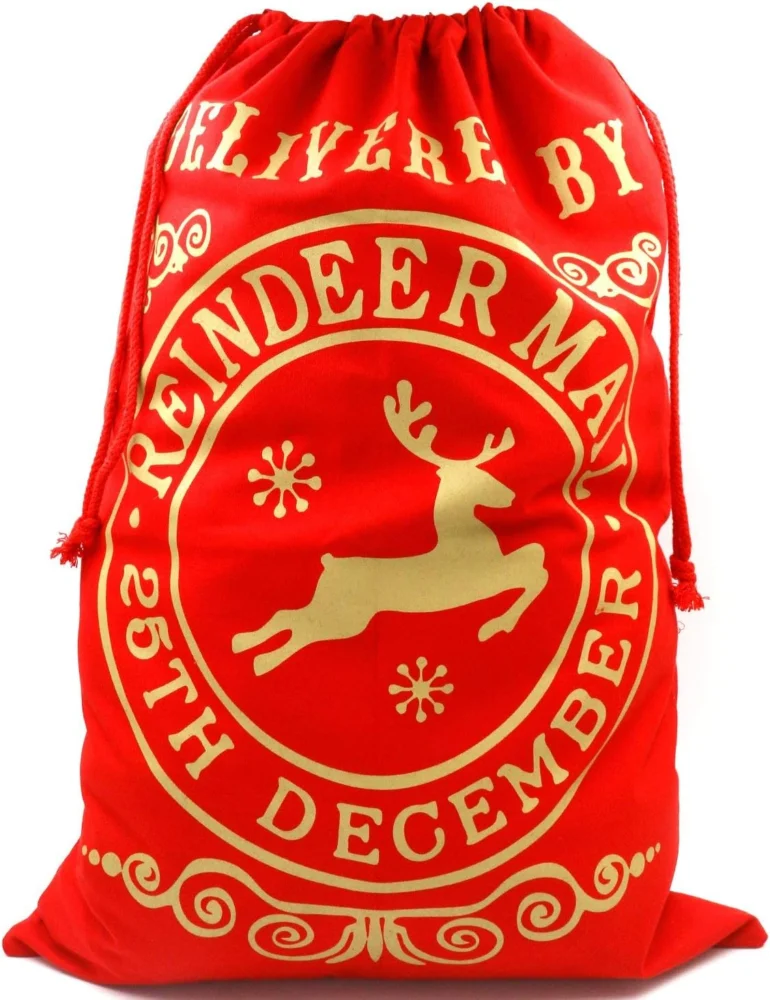 Extra large red Santa sack with reindeer post design, 99 x 70 cm