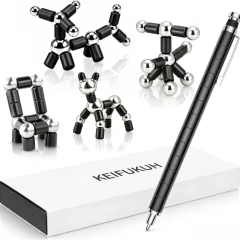 Fidget gel pen built from 13 steel tubes, black ink, with refills