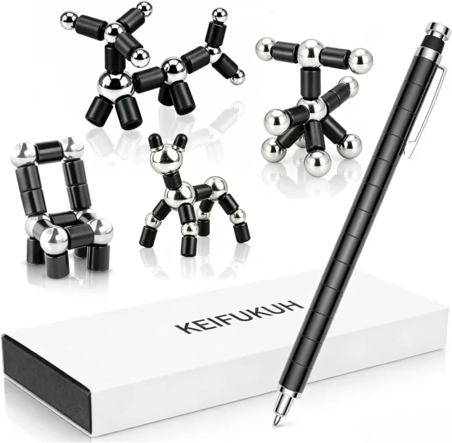 Fidget gel pen built from 13 steel tubes, black ink, with refills