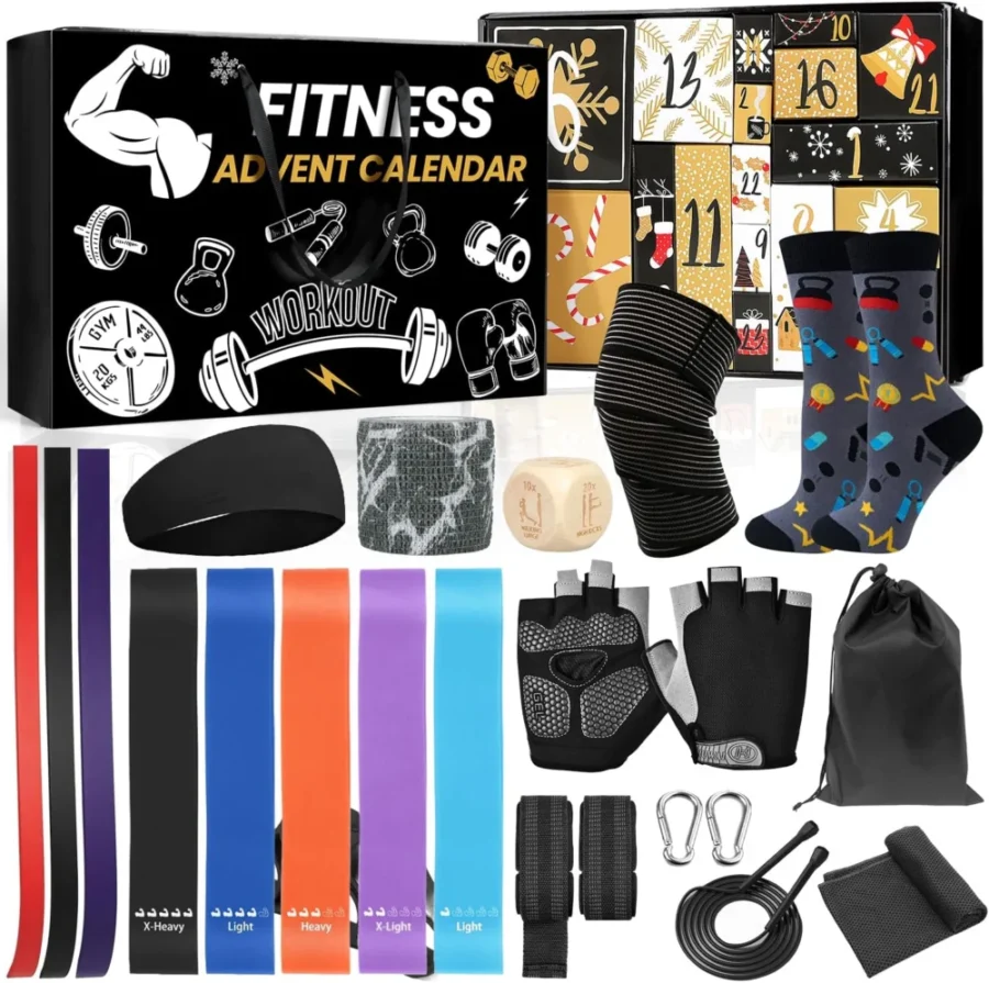Fitness advent calendar with 24 gym accessories and bands