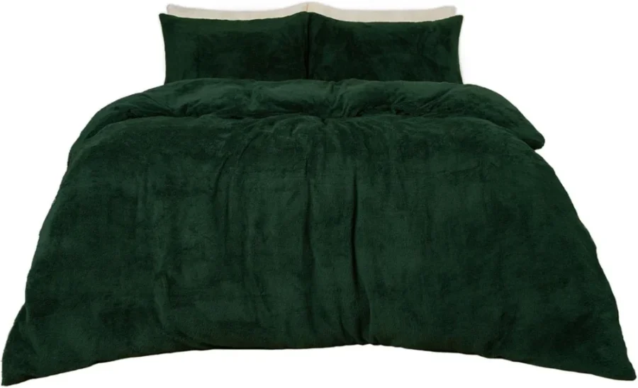 Forest green teddy fleece double duvet cover set with 2 pillowcases