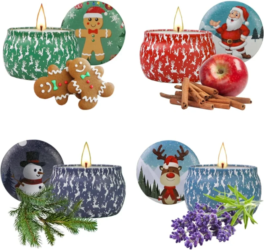 Four Christmas scented soy wax candles in tins, 125 g each