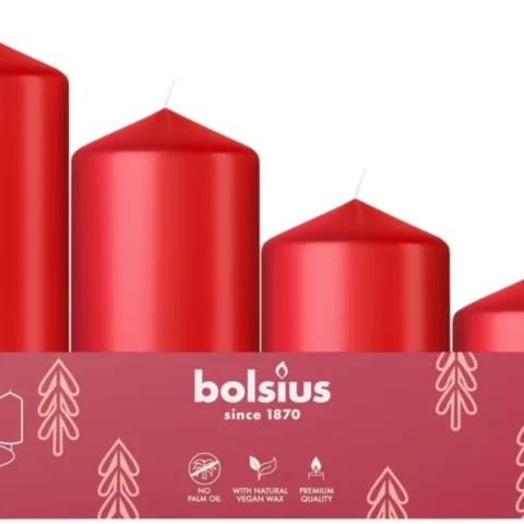 Four red Advent pillar candles, 6 to 12 cm, unscented, smooth