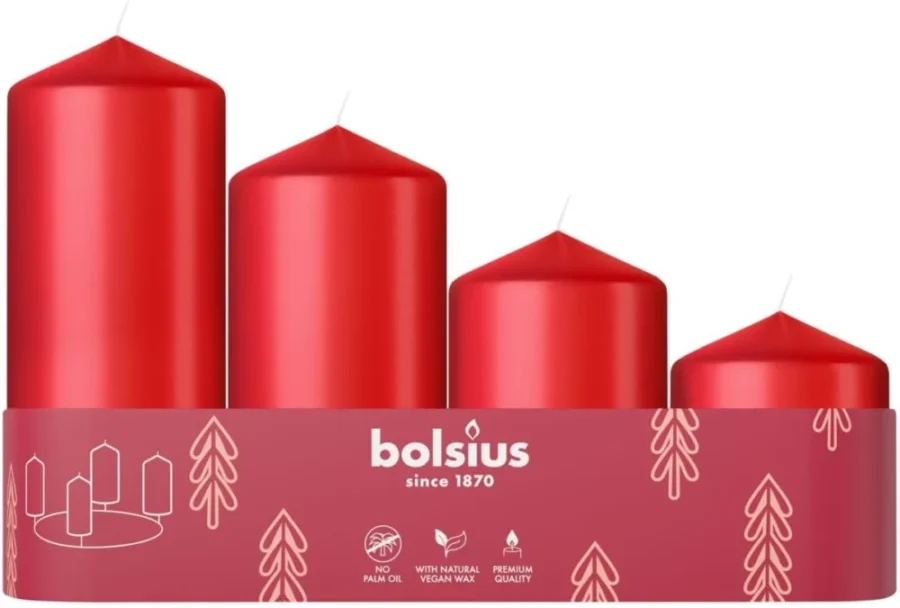 Four red Advent pillar candles, 6 to 12 cm, unscented, smooth