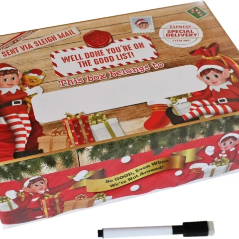 Fun elf Christmas Eve box to personalise, flat pack, 32 x 20 x 11 cm