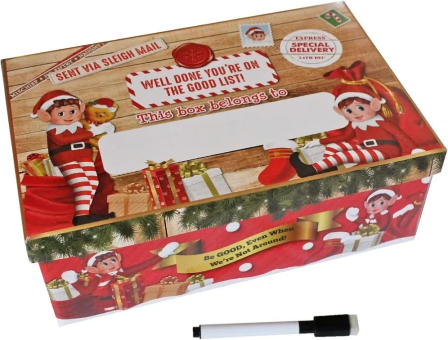 Fun elf Christmas Eve box to personalise, flat pack, 32 x 20 x 11 cm
